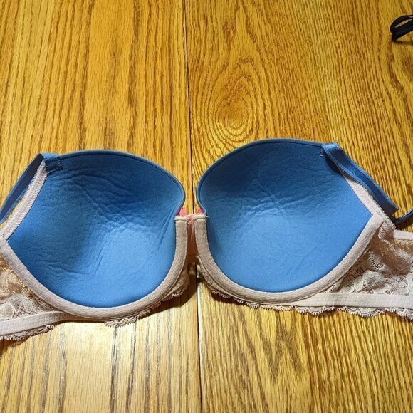 🧡 Victoria's Secret Dream Angels Lined Demi Blue with Pink Lace Overlay Bra - Picture 2 of 4